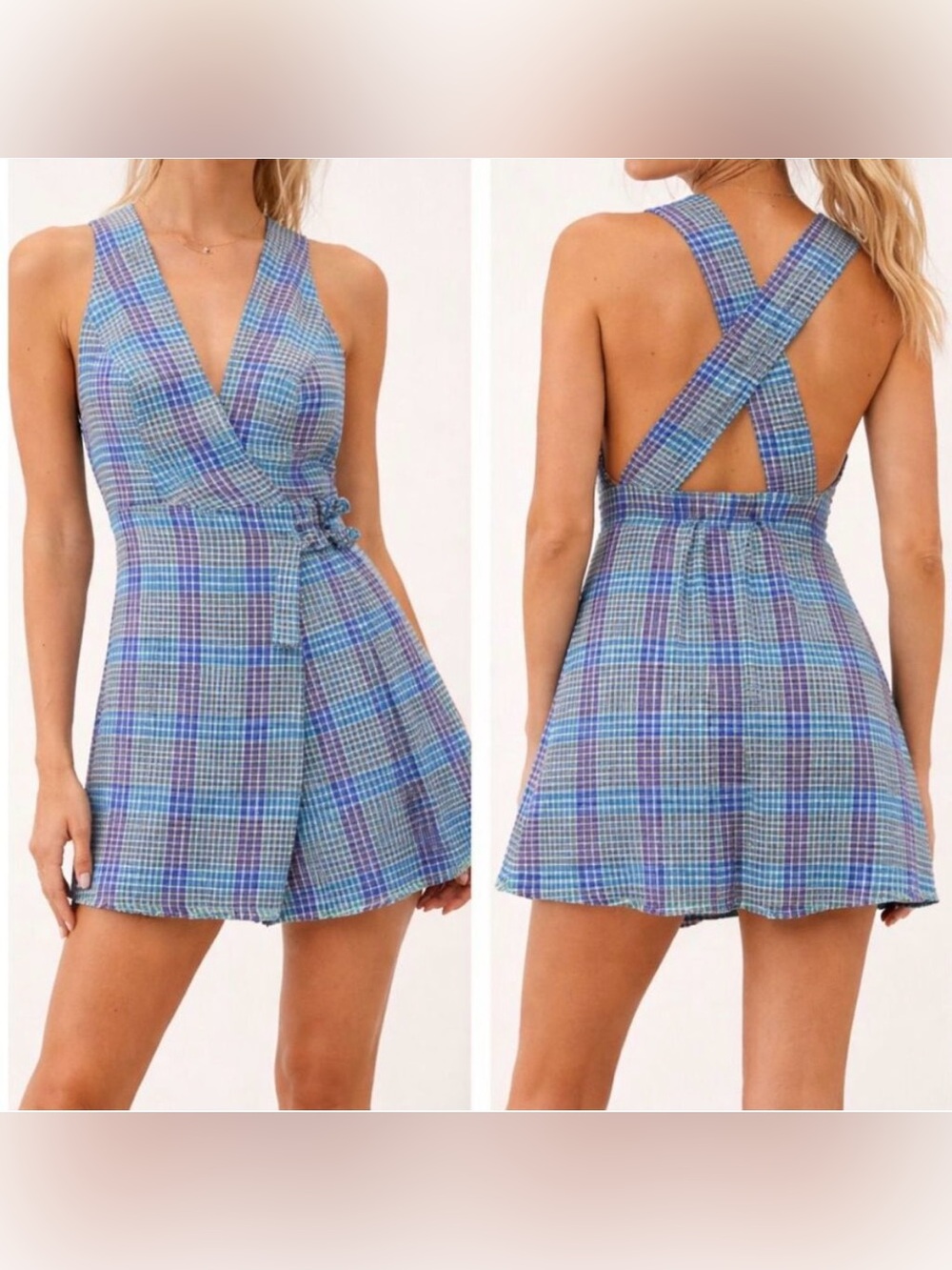 Urban Outfitters Plaid V-Neck Sleeveless Mini Dress Buckle Elastic Waist Medium
